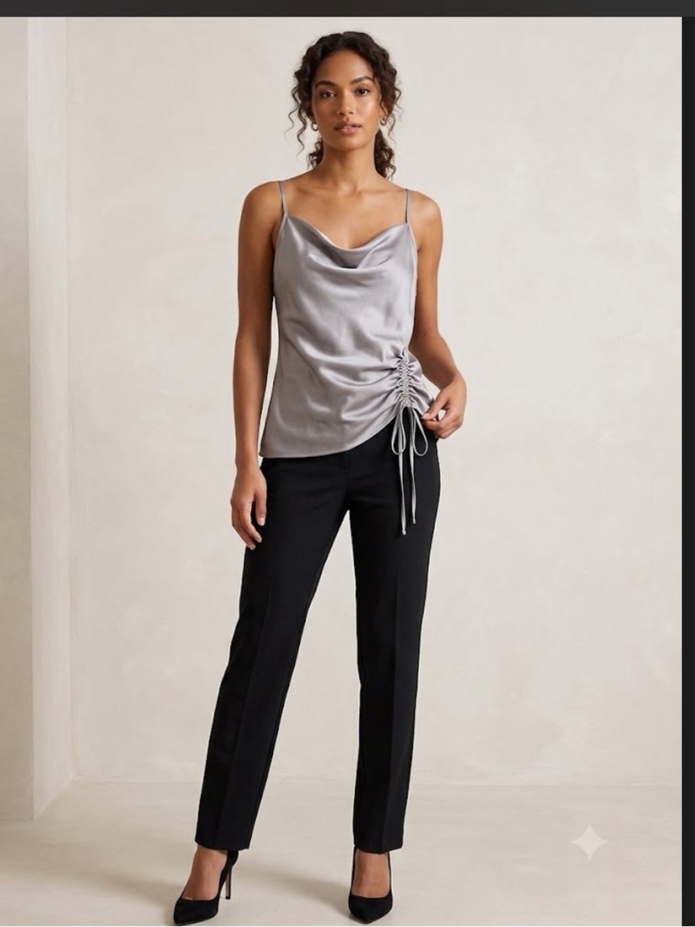 Cowl Neck Satin Camisole with Side Drawstring in Silver